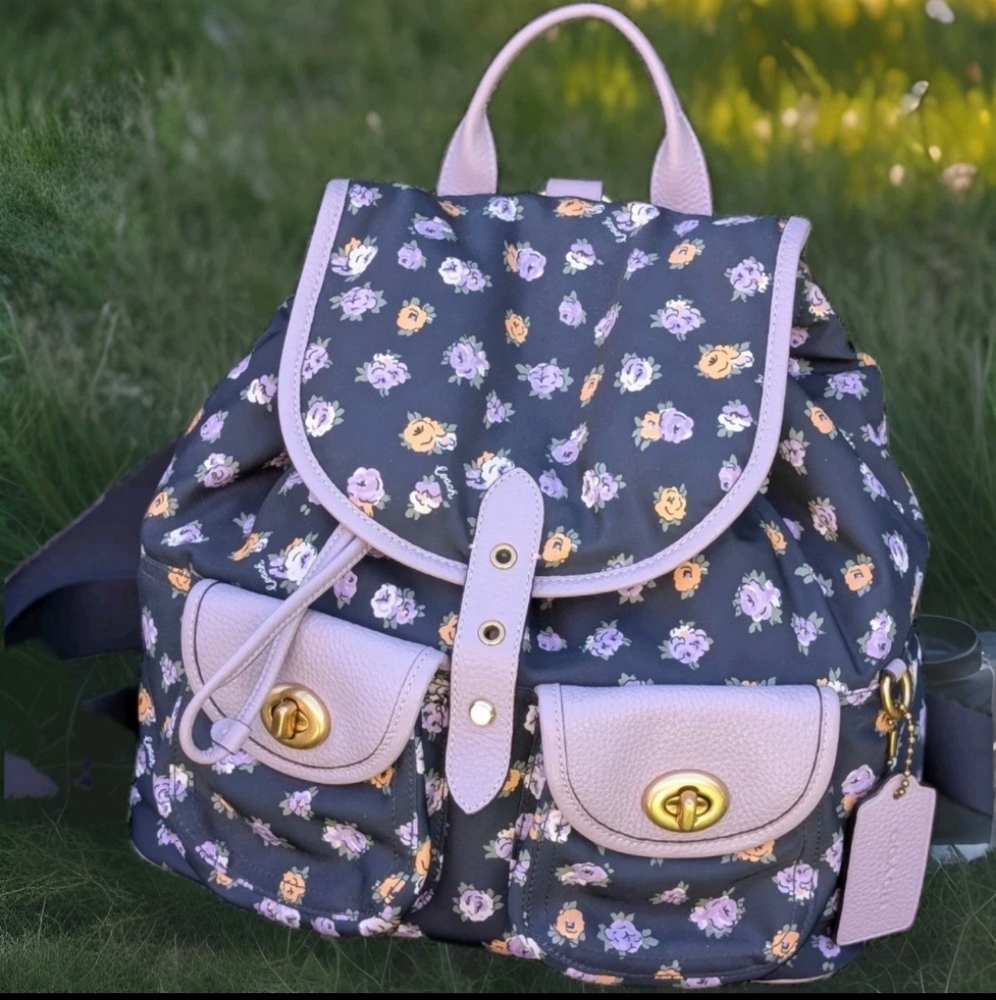 New COACH Vintage Rose Print Nylon Cargo Backpack 3136 Midnight Purple Purse Bag